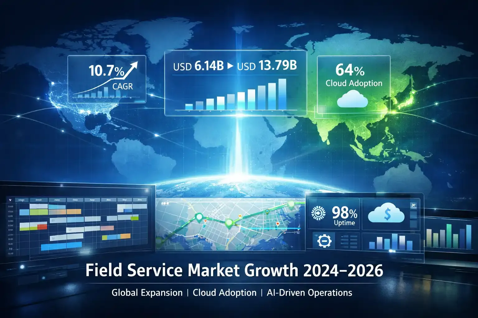 Global field service market growth dashboard with world map and charts